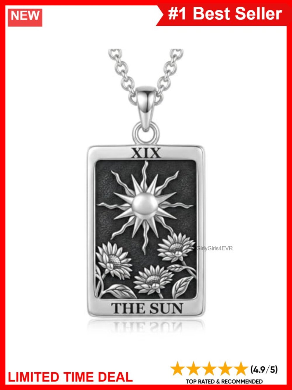 Tarot Card Sun Pendant Necklace Silver Plated Rolo Chain 22+2 Inch Gift Box